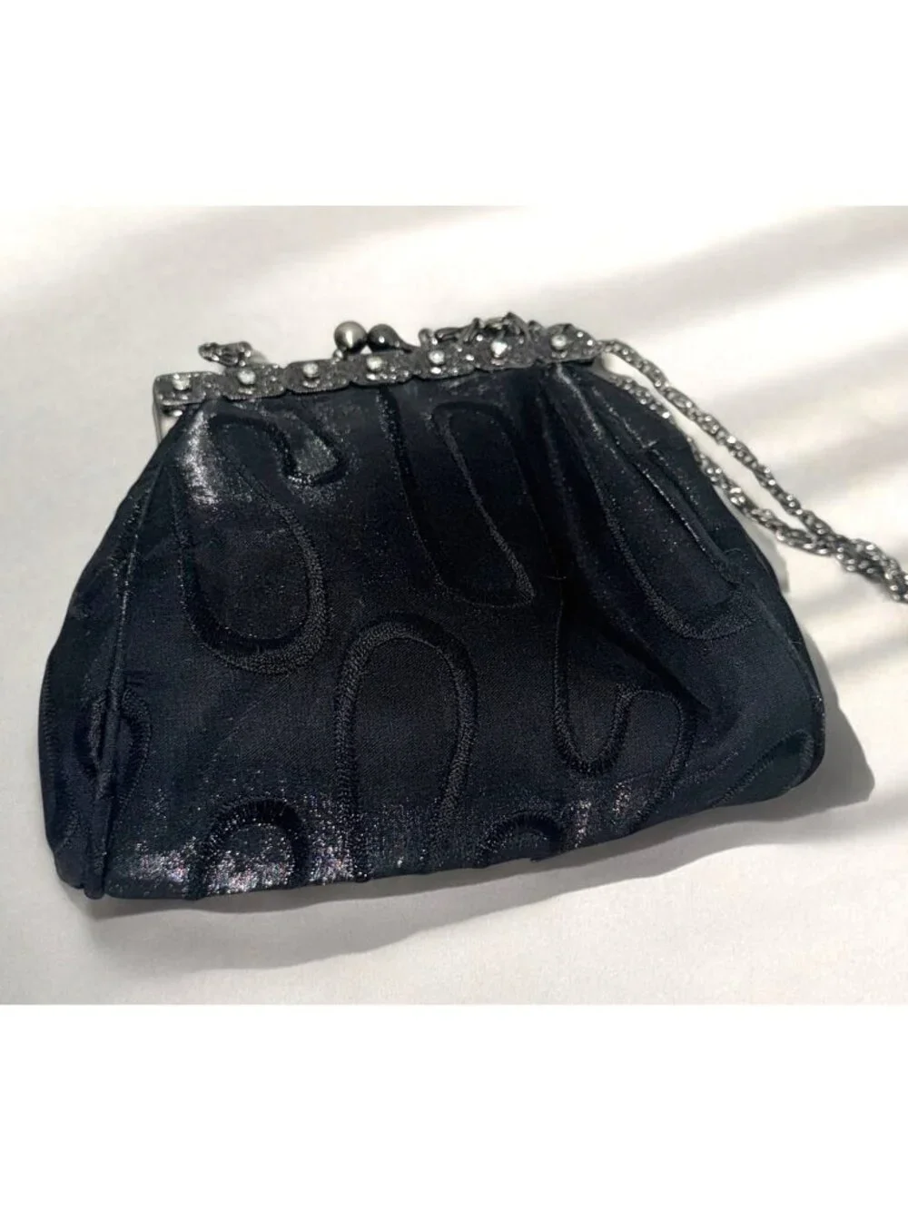 Vintage Black Satin Evening Bag With Rhinestone Clasp & Chain Strap